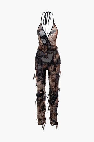 Tie Dye Distressed Halter Jumpsuit (S / BROWN)