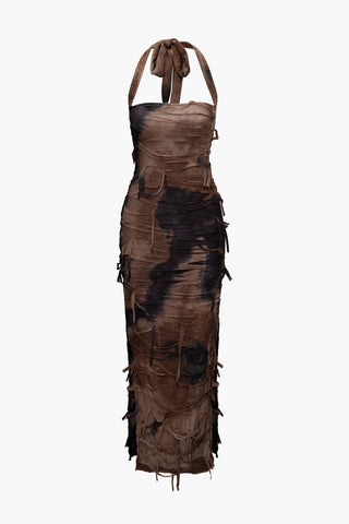 Tie Dye Distressed Mesh Slit Halter Maxi Dress (XS / BROWN)