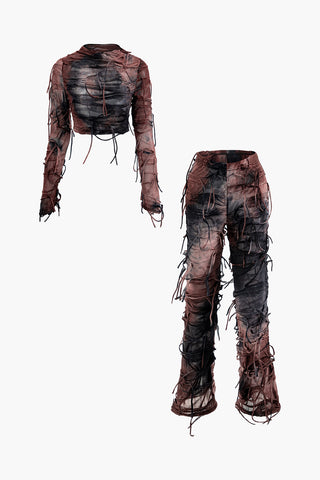 Tie Dye Distressed Mock Neck Long Sleeve Top And Pants Set (L / BROWN)