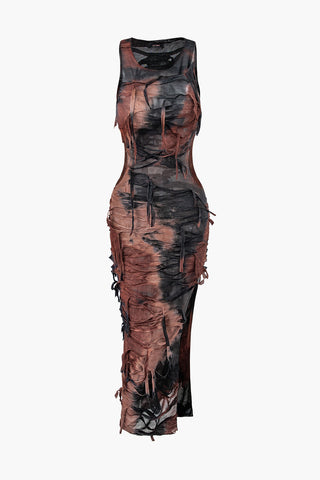 Tie Dye Distressed Sleeveless Cut Out Slit Maxi Dress (S / Contrast Color)