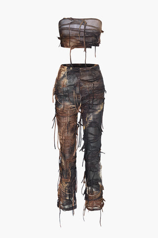 Tie Dye Distressed Tube Top And Skinny Pants Set (S / BROWN)