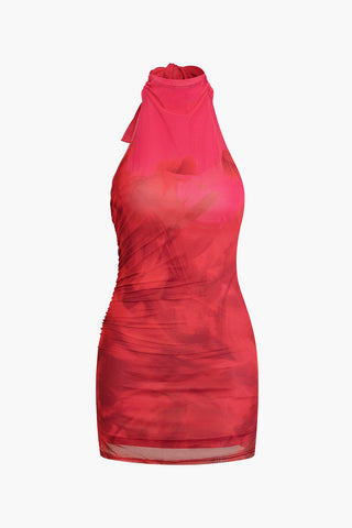 Tie Dye Halter Backless Ruched Mini Dress (L / RED)