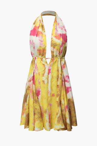 Tie Dye Halter Pleated Mini Dress (M / MUSTARD)