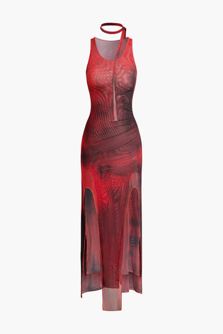 Tie Dye Mesh Asymmetrical Hem V-neck Sleeveless Midi Dress With Tie (M / RED)