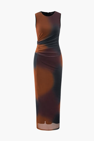 Tie Dye Mesh Slit Sleeveless Maxi Dress (XL / BROWN)