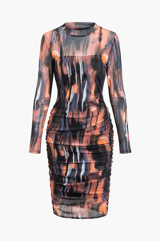 Tie Dye Mock Neck Mesh Long Sleeve Midi Dress With Lining (M / MULTICOLOR)