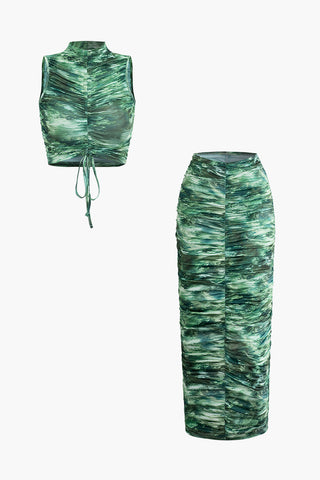 Tie Dye Mock Neck Ruched Tie Sleeveless Top And Maxi Skirt Set (M / GREEN)