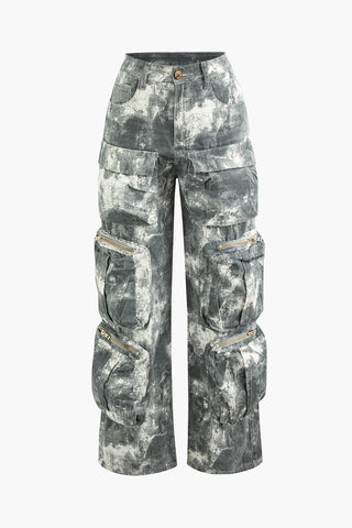 Tie Dye Multi Pocket Straight Leg Cargo Jeans (M / GRAY)