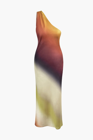 Tie Dye One Shoulder Satin Maxi Dress (L / MULTICOLOR)