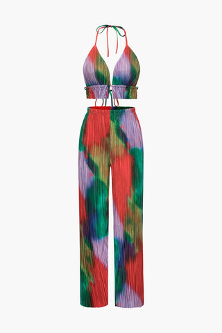 Tie Dye Plisse Halter Top And Pants Set (XL / MULTICOLOR)