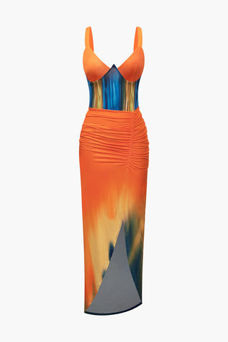 Tie Dye Print V-neck Ruched Maxi Dress (L / MULTICOLOR)