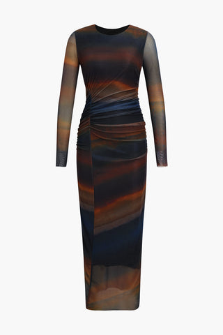 Tie Dye Ruched Detail Mesh Midi Dress (XS / COFFEE)