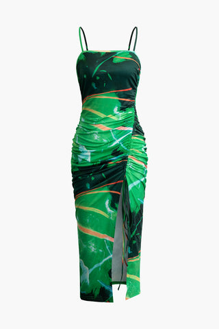 Tie Dye Ruched Split Slip Midi Dress (S / GREEN)