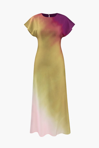 Tie-Dye Satin Cap Sleeve Maxi Dress (L / MULTICOLOR)