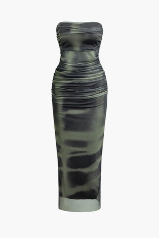 Tie Dye Strapless Ruched Mesh Midi Dress (M / MULTICOLOR)