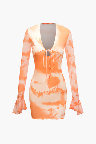 Tie Dye V-neck Tie Front Bell Sleeve Mini Dress (S / ORANGE)