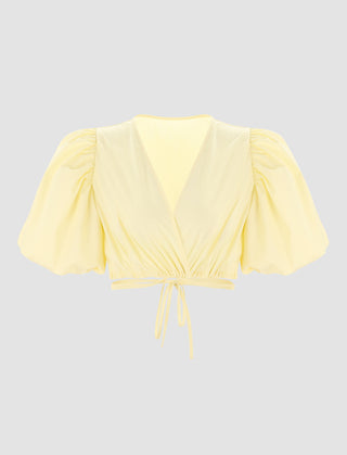 Tie Front Balloon Sleeves Crop Top (L / Yellow)