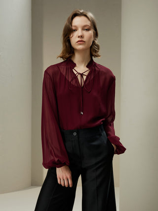 Tie Front Drawstring Georgette Blouse (Oxblood / S)