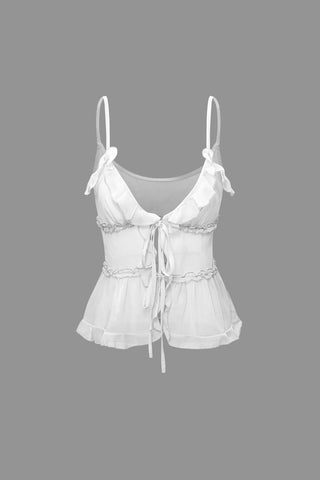 Tie Front Sheer Ruffle Cami Top (L / WHITE)