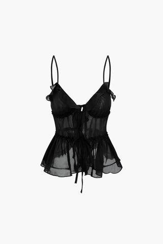 Tie Front Sheer Ruffle Cami Top (M / BLACK)