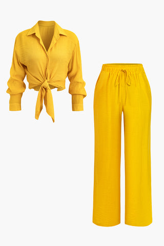 Tie Front Shirt And Wide Leg Pants Set (XL / MUSTARD)