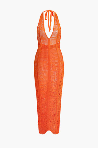 Tie Halter V-neck Backless Distressed Ladder Knit Maxi Dress (S / ORANGE)