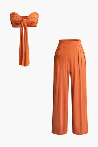 Tie Knot Front Ruched Tube Top And Pleated Wide Leg Pants (L / ORANGE)