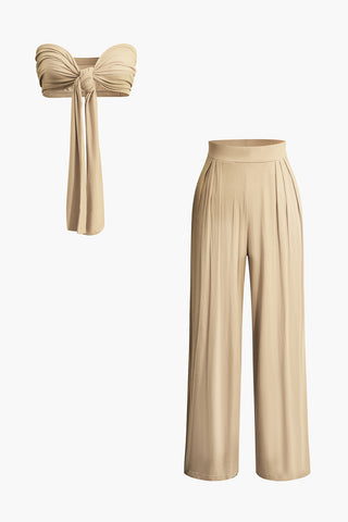 Tie Knot Front Ruched Tube Top And Pleated Wide Leg Pants (XXL / BEIGE)