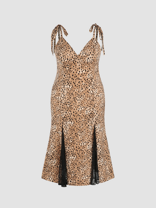 Tie Shoulder Leopard Print Lace Detail Maxi Dress Curve & Plus