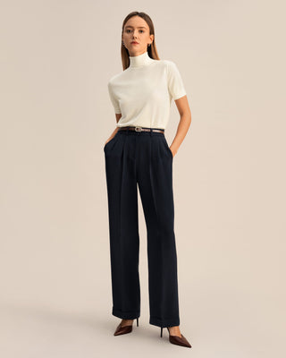 Timeless Pleated Wide-Leg Dense Silk Trousers (Midnight Blue / 8)