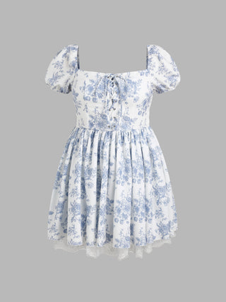 Toile de Jouy Puff Sleeve Mini Dress Curve & Plus