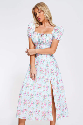 Triasa Puff Sleeve Floral Midi Dress (L / Blue)