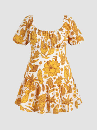 Tropical Knotted Ruffle Mini Dress Curve & Plus (4XL / Ginger)