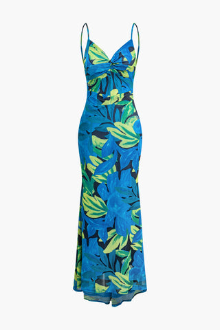 Tropical Leaf Print Mesh Twist Front Maxi Dress (S / MULTICOLOR)