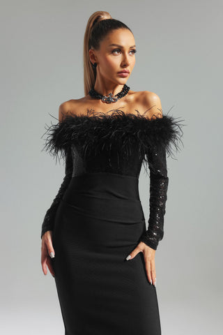 Trudie Feather Maxi Bandage Dress (M / Black)