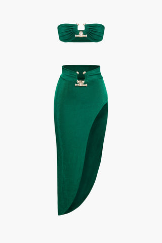 Tube Top And Asymmetric Slit Skirt Set (XL / GREEN)