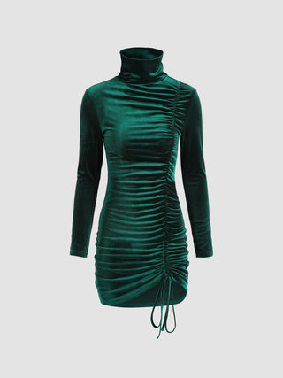 Turtleneck Ruched Velvet Dress