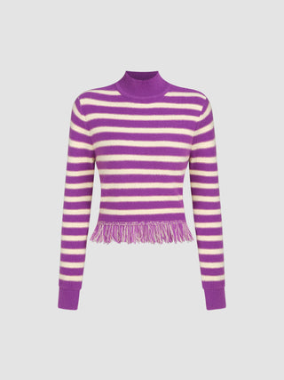 Turtleneck Striped Tassel Knitted Top