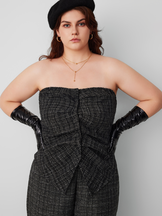 Tweed Button Ruched Tube Top Curve & Plus