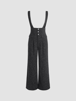 Tweed Faux Pearl Button Wide Leg Jumpsuit