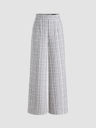 Tweed High Waist Checks Zipper Wide Leg Trousers