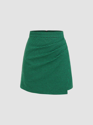 Tweed Houndstooth Asymmetrical Ruched Mini Skirt