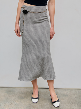 Tweed Mid Waist Rosette Maxi Skirt