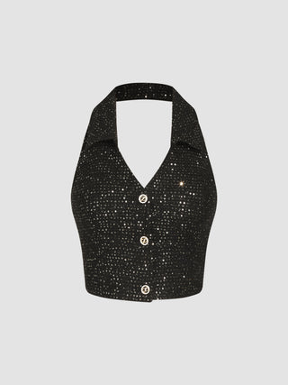 Tweed Sequin Halter Neckline Button Crop Vest