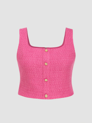 Tweed Square Neck Button Crop Tank Top Curve & Plus