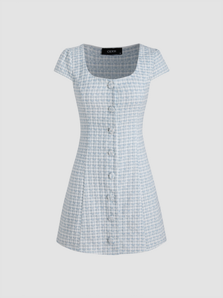 Tweed Square Neck Check Button Mini Dress