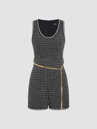 Tweed U-neckline Romper with Waist Chain