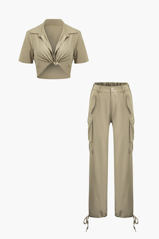 Twist Crop Shirt And Flap Pocket Pants Set (L / KHAKI)