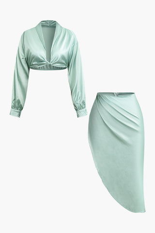 Twist Deep V-neck Ruched Crop Top And Asymmetrical Split Skirt Set (M / LIGHT CYAN)