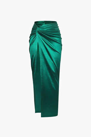 a green skirt with a twist on the side